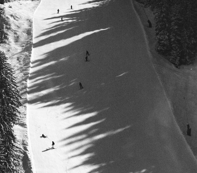 Aerial view of skiers on a slope